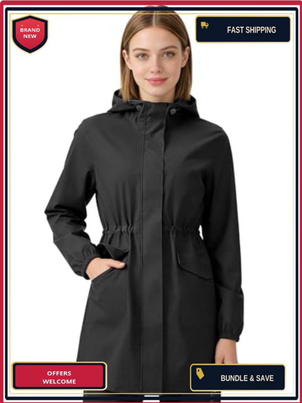 Women's Waterproof Long Rain Jacket Hooded Lightweight Trench Coat